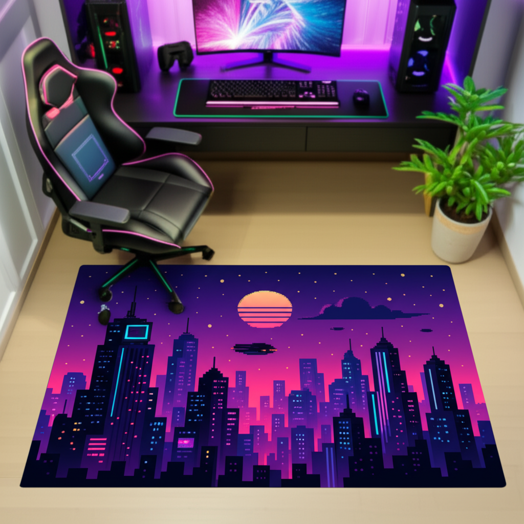 Neon Cityscape Pixel Art Rug